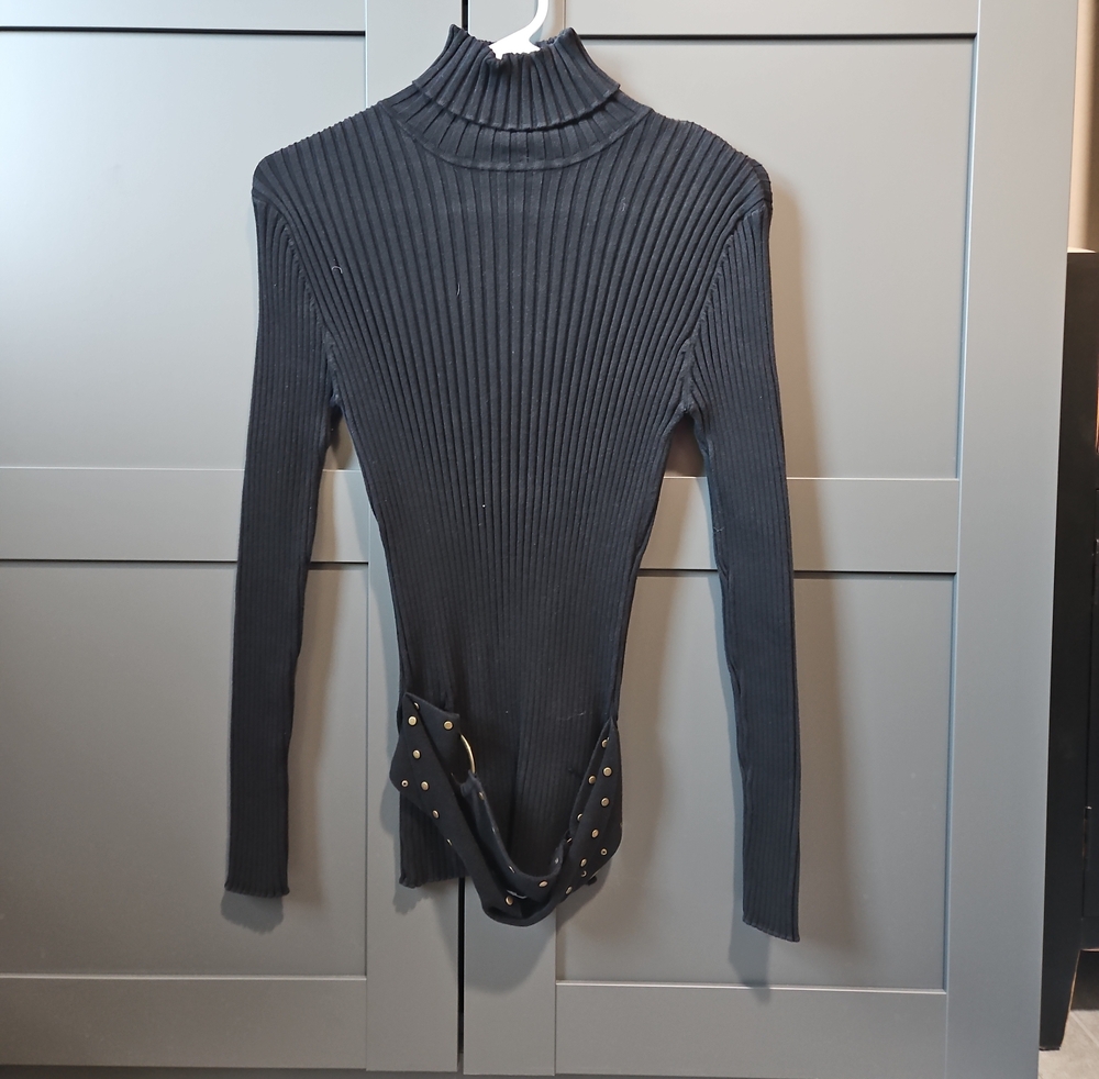 Tracy M Black Ribbed Turtleneck Bodysuit with Snap Hem Accents